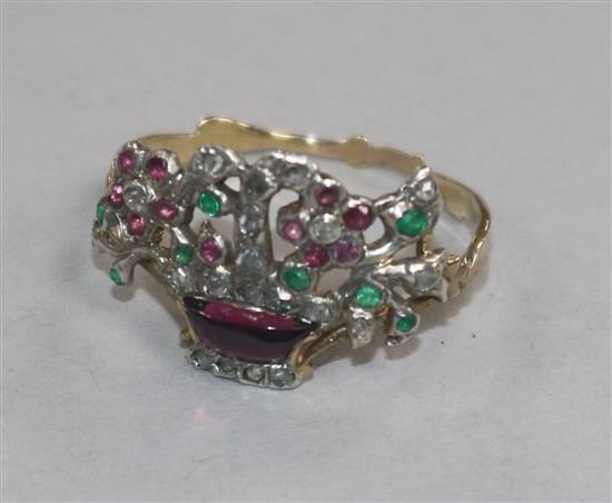 An antique style yellow metal, diamond and gem set coronet ring, size J.